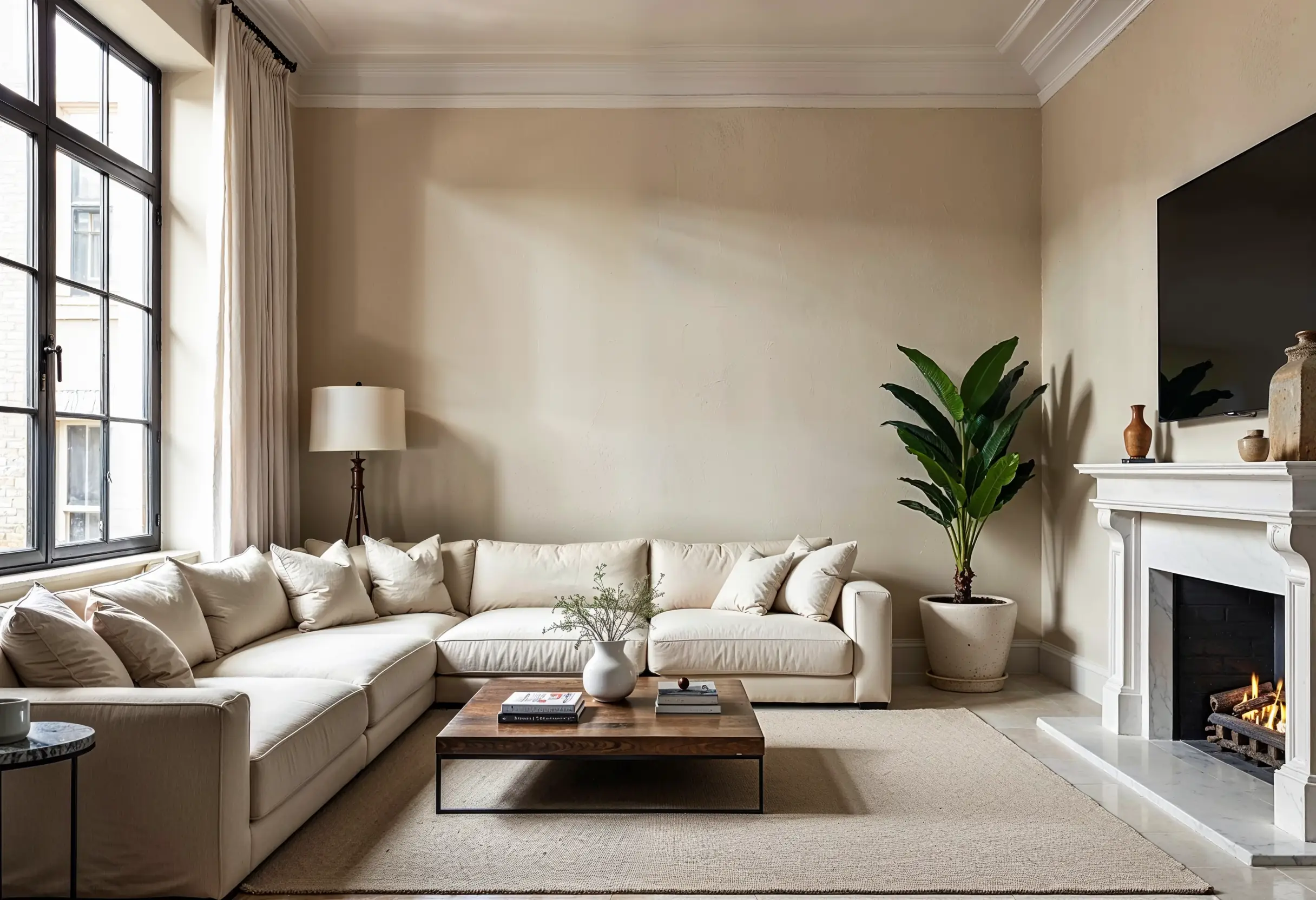 Smooth, burnished Venetian plaster wall in a luxury NYC brownstone living room with warm lighting.