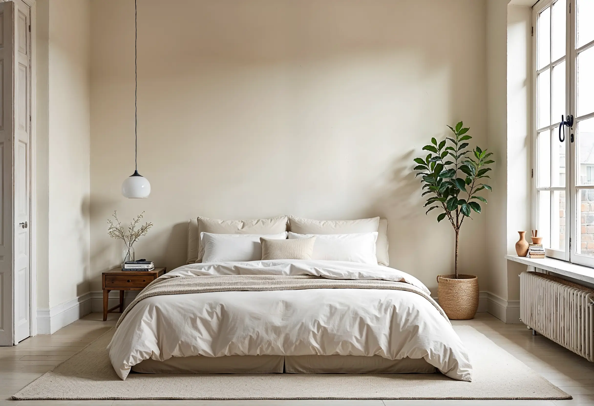 Cloudy, matte limewash walls in a brownstone bedroom with diffused natural light.