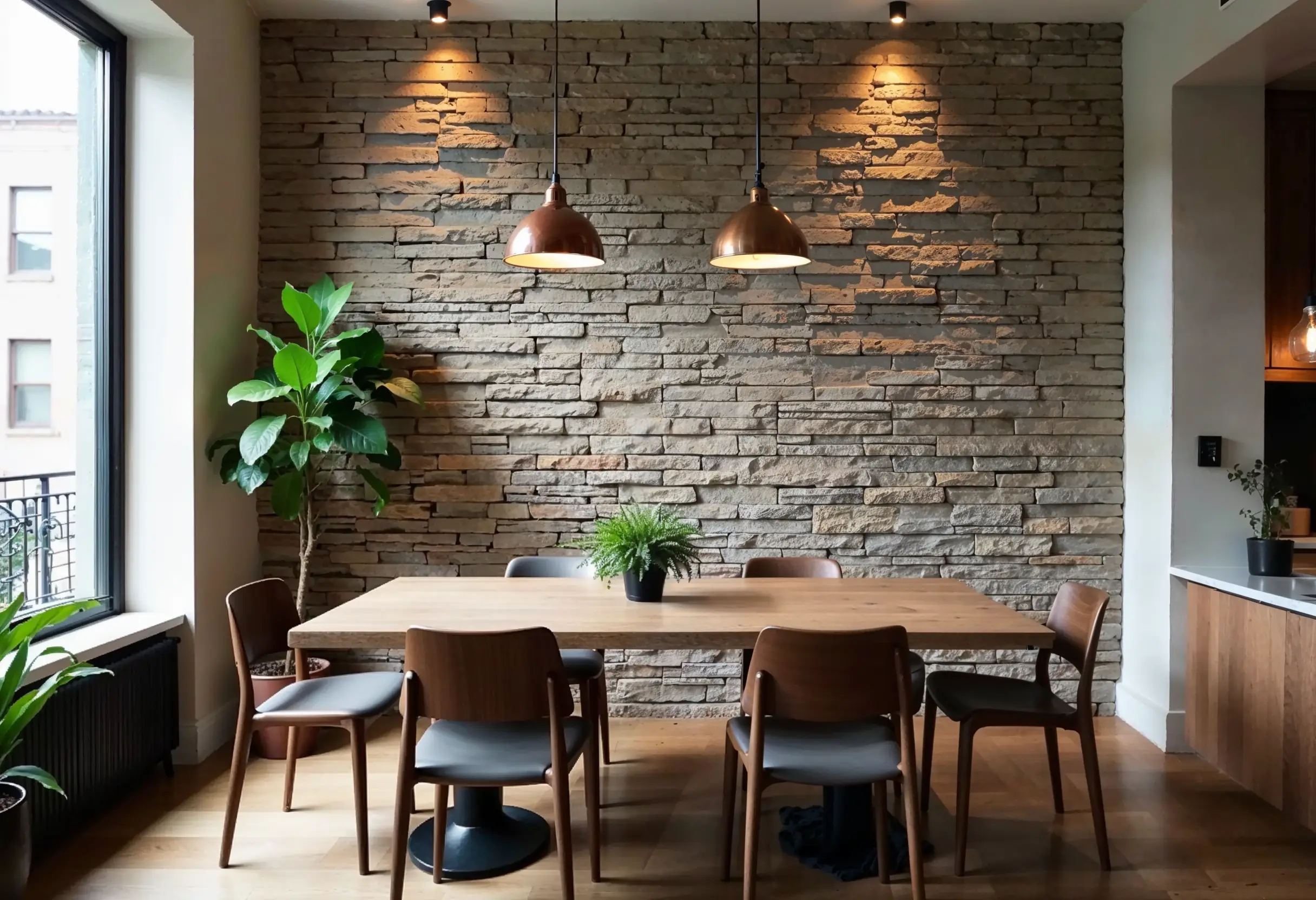 Stacked stone veneer wall in a Manhattan brownstone with visible layers and crevices.