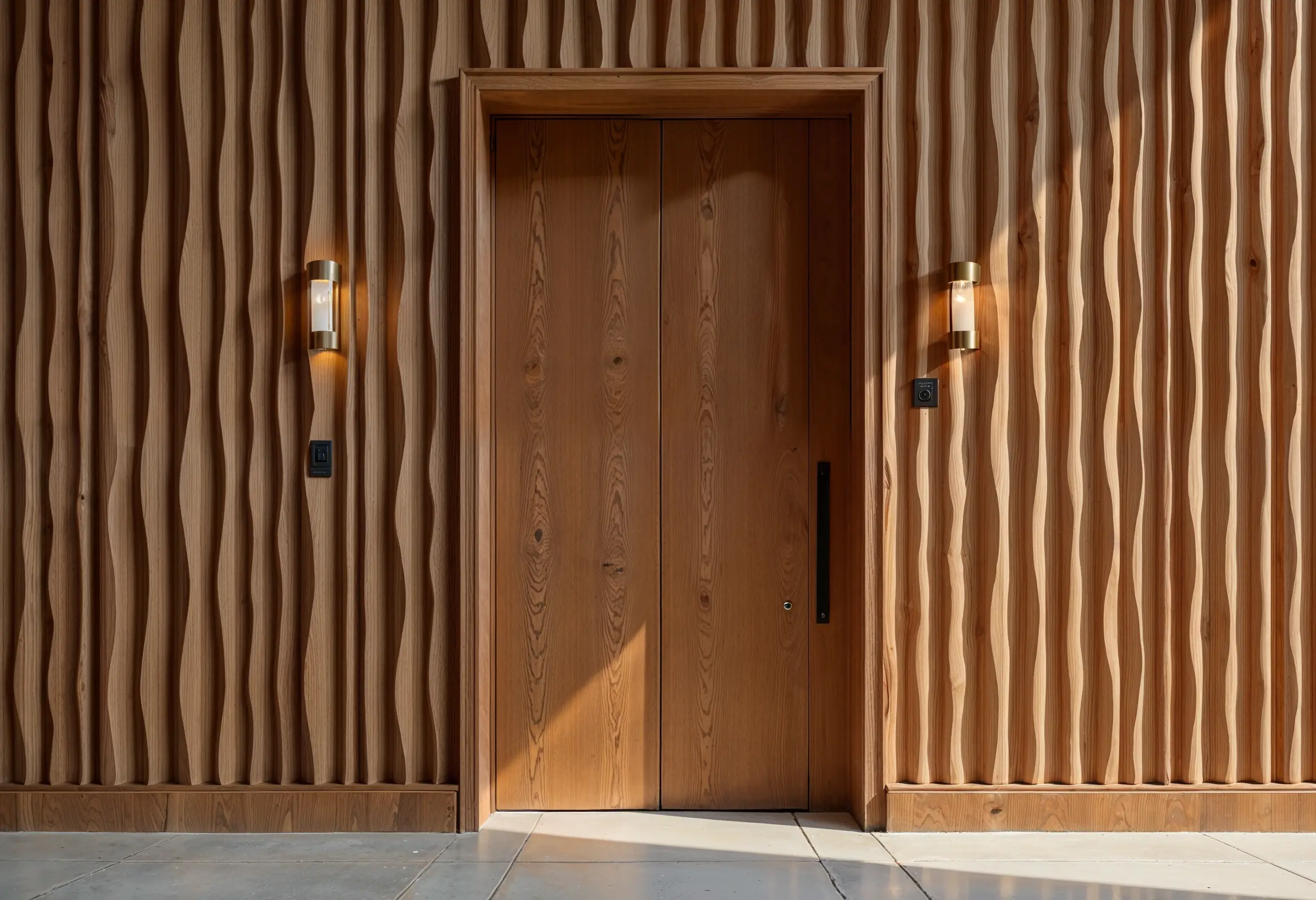 Vertical fluted wood panels in a brownstone hallway with black matte finish.