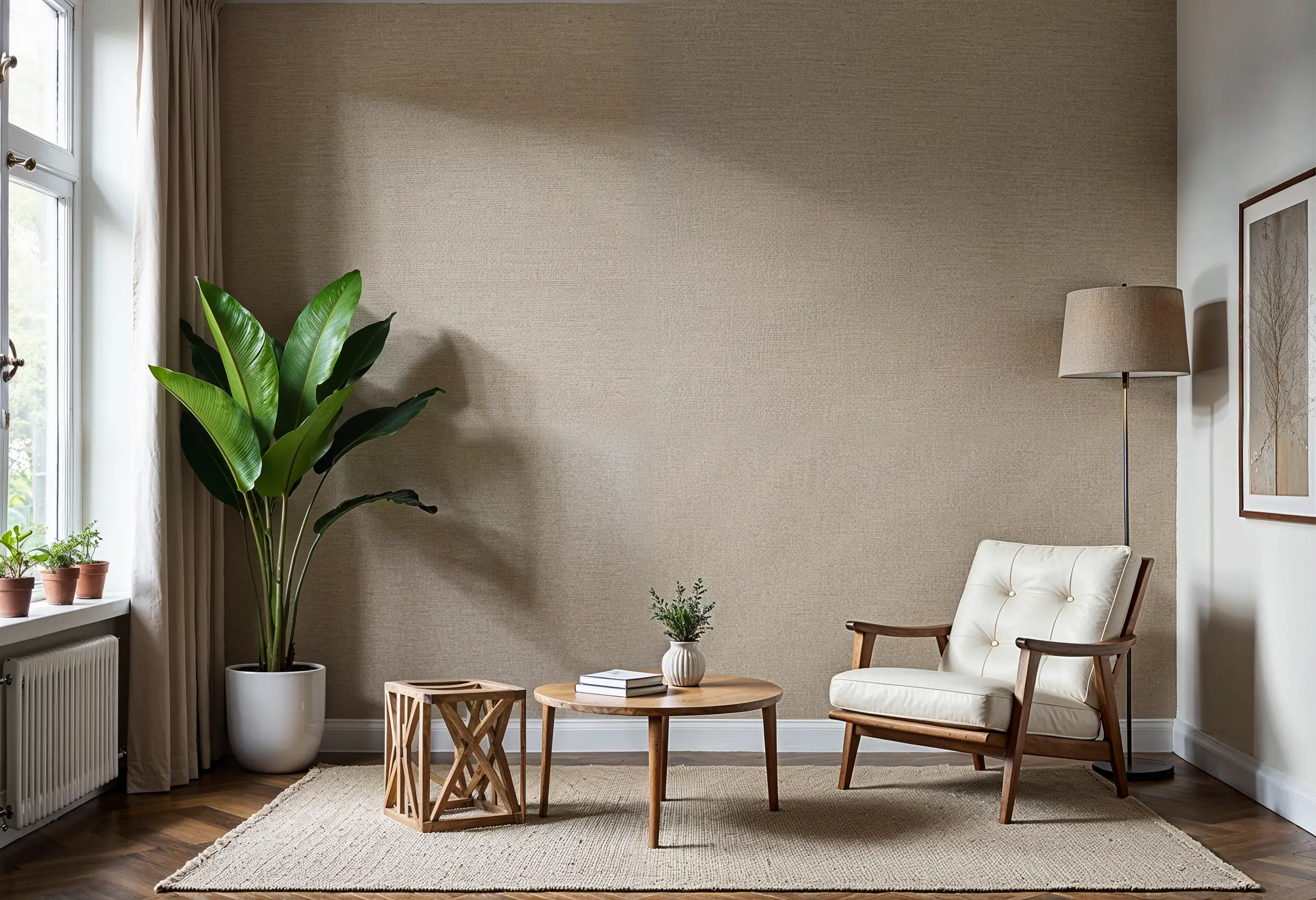 Taupe grasscloth wall covering in a high-end brownstone study with woven texture.