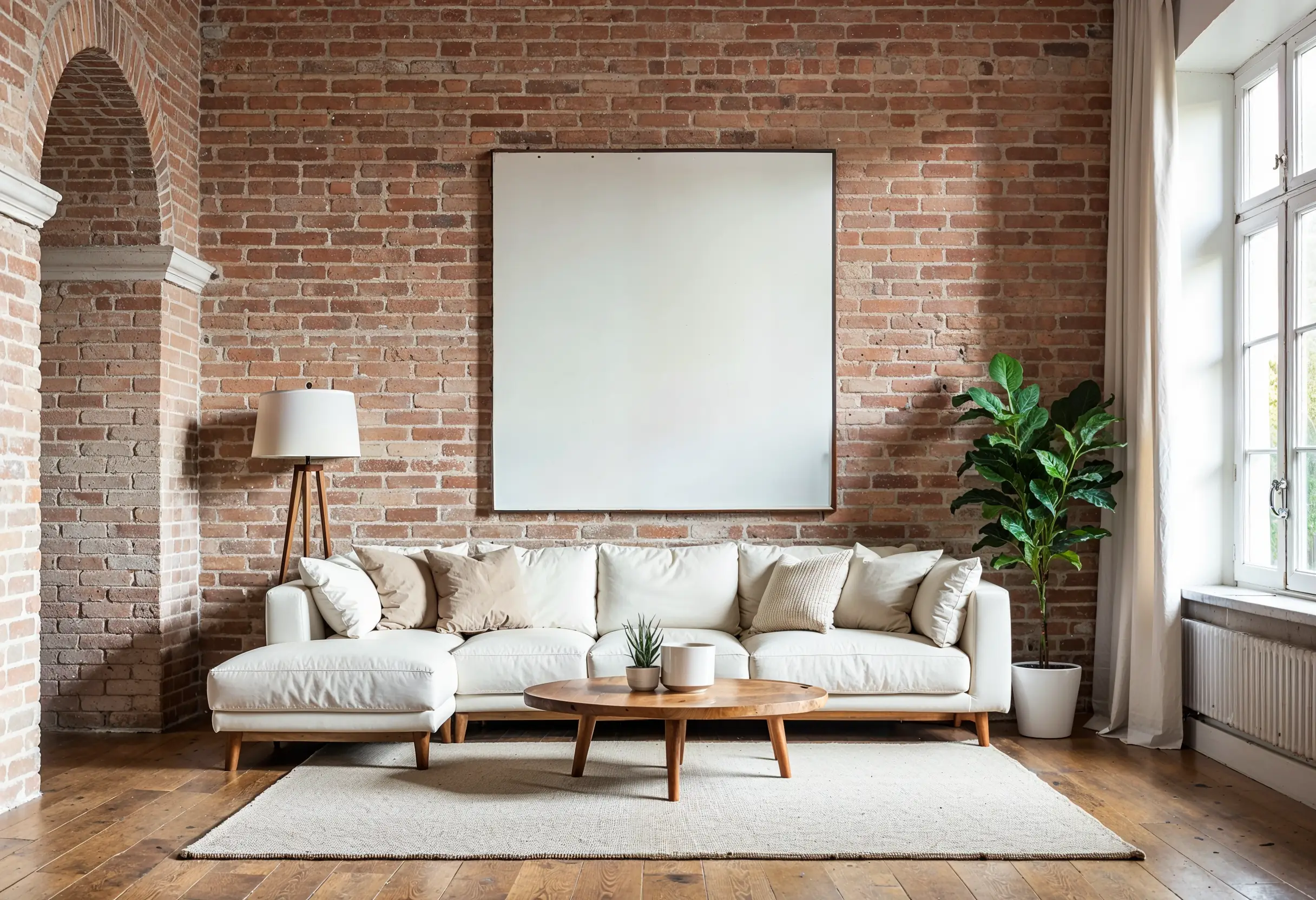 White limewashed exposed brick wall in a brownstone living room.