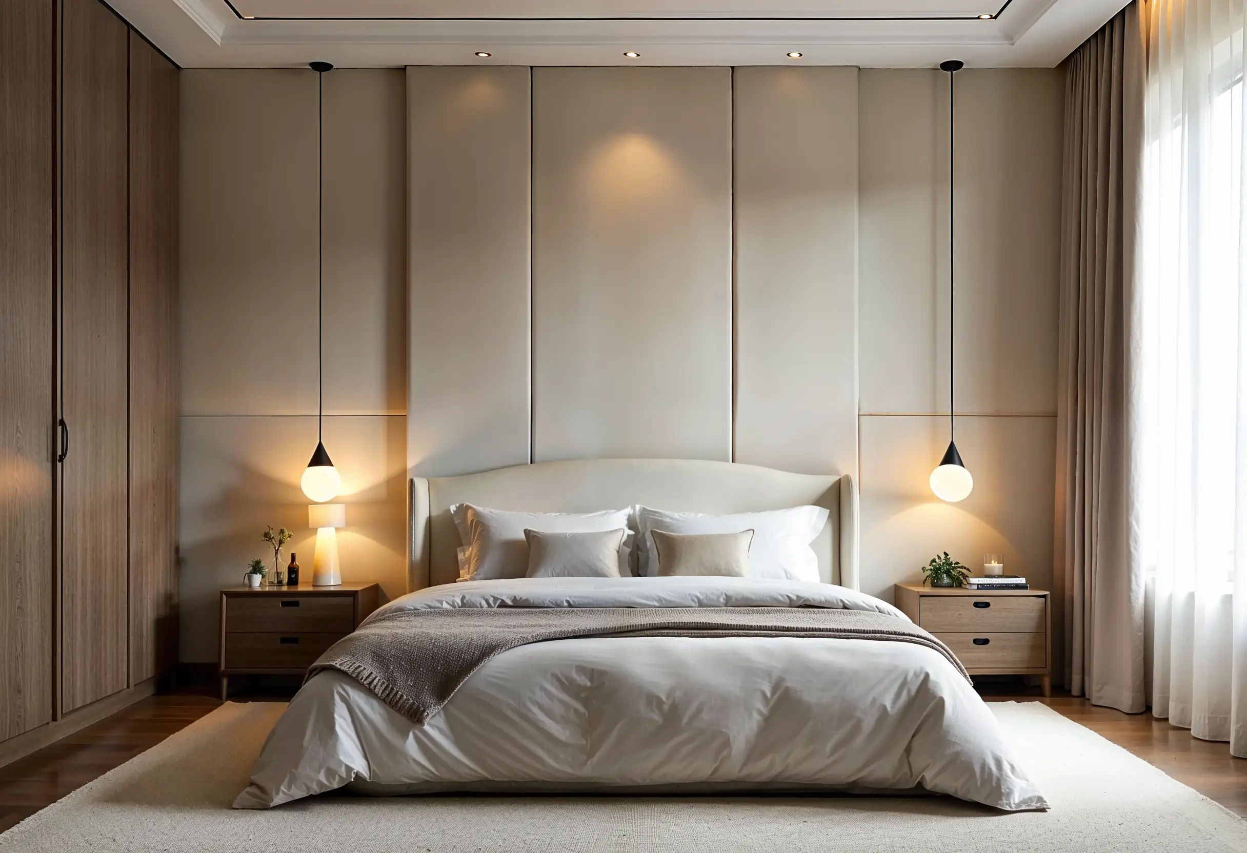 Vertically paneled, fabric-upholstered wall behind bed in a luxury NYC bedroom.
