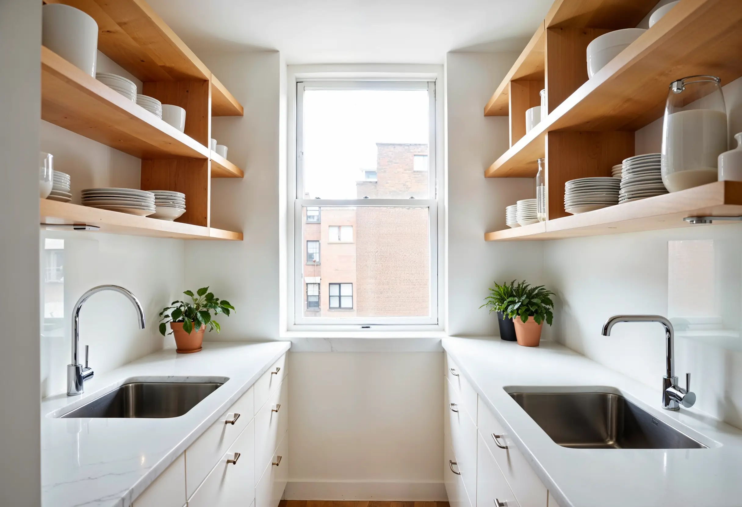 Manhattan galley kitchen with open shelves across a window, white oak and quartz finishes