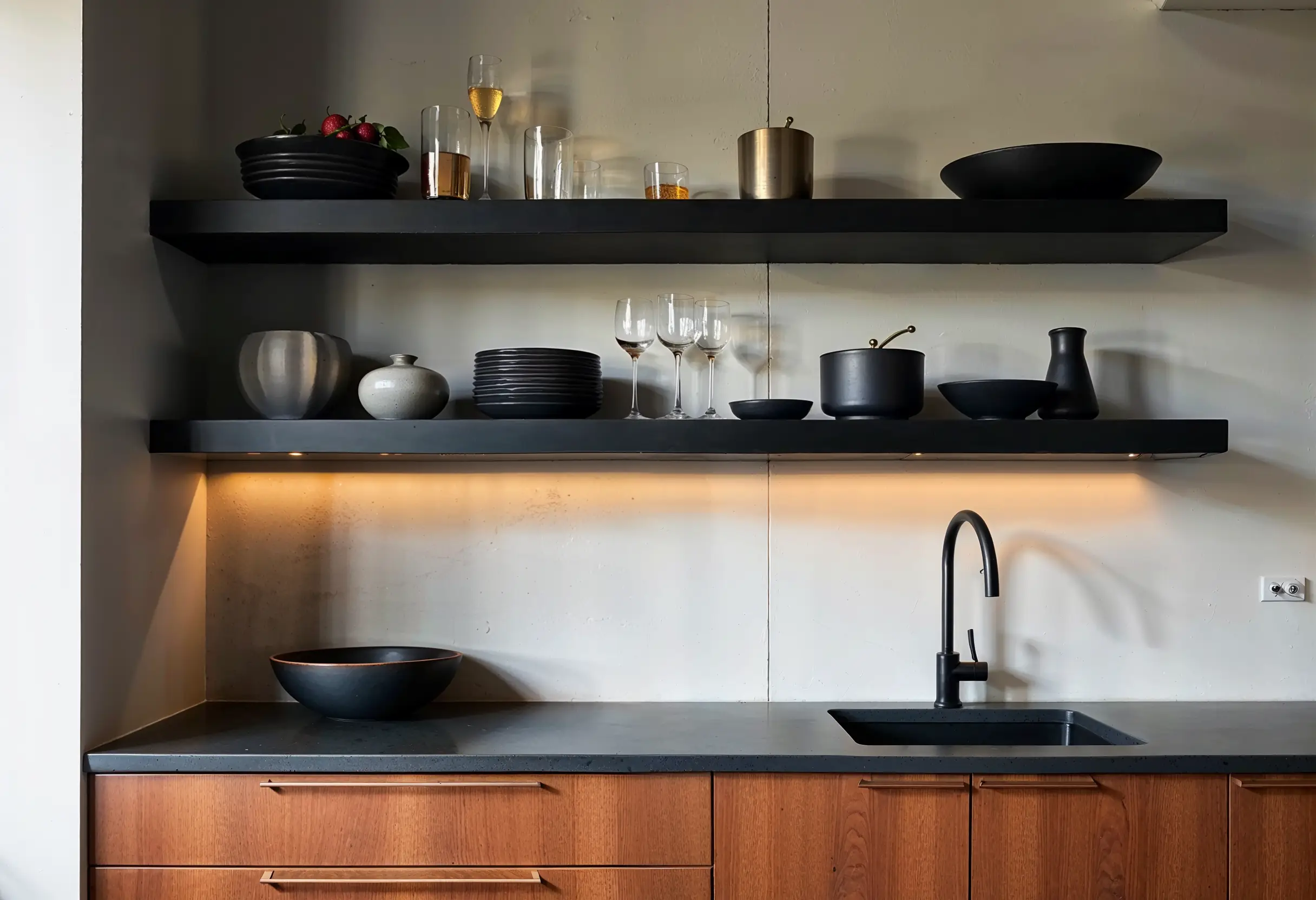 Modern kitchen with black open shelving, walnut lower cabinets, and curated dishware