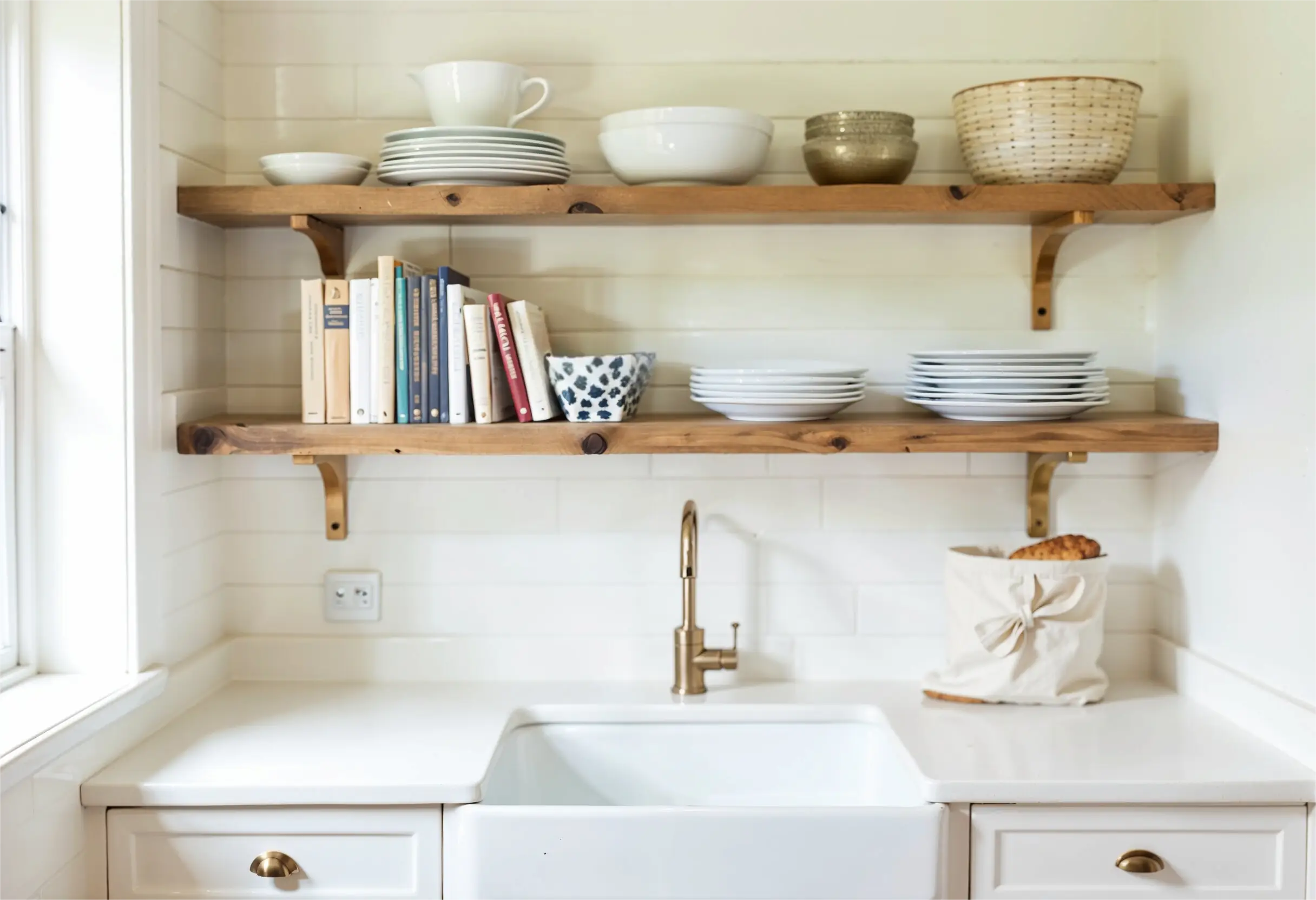 Farmhouse kitchen with reclaimed wood open shelving, shiplap walls, and vintage kitchen items