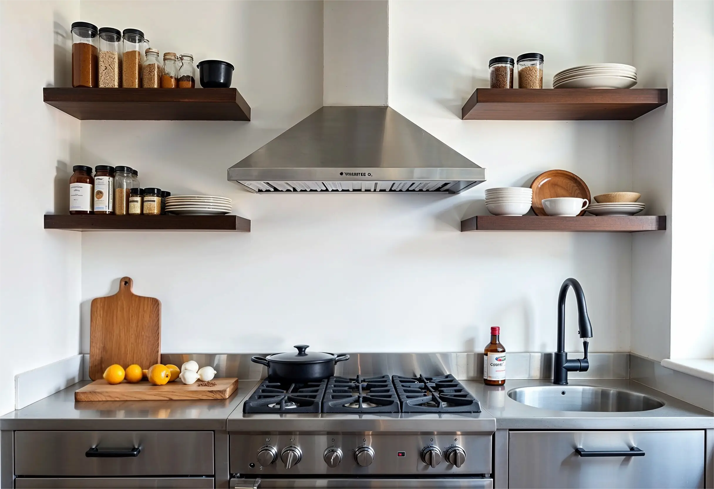 Small urban kitchen with metal open shelving above the stove and stainless steel accents
