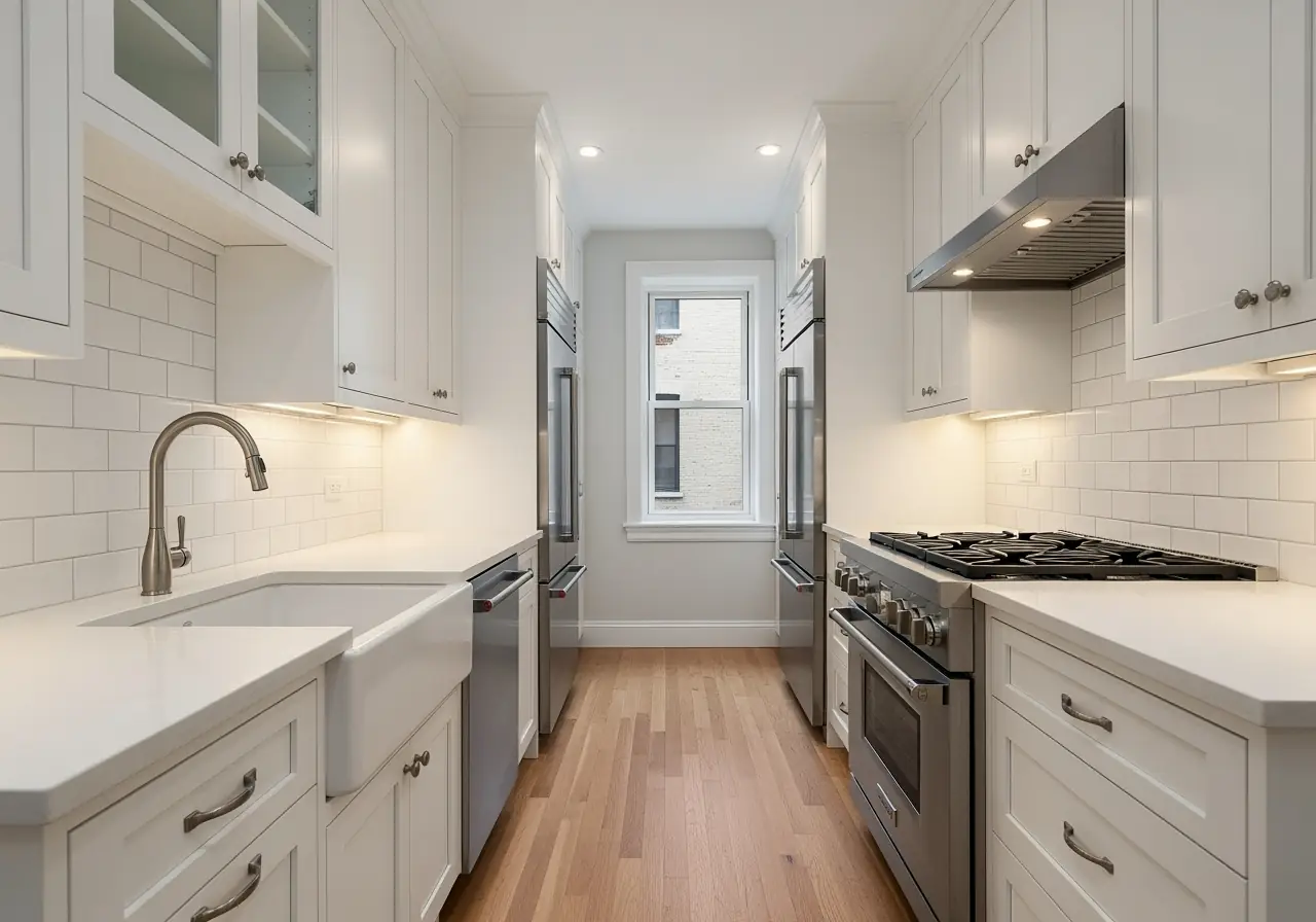 An ultra-realistic photo of a Manhattan galley kitchen with white shaker cabinets, quartz countertops, and a 5-foot aisle.