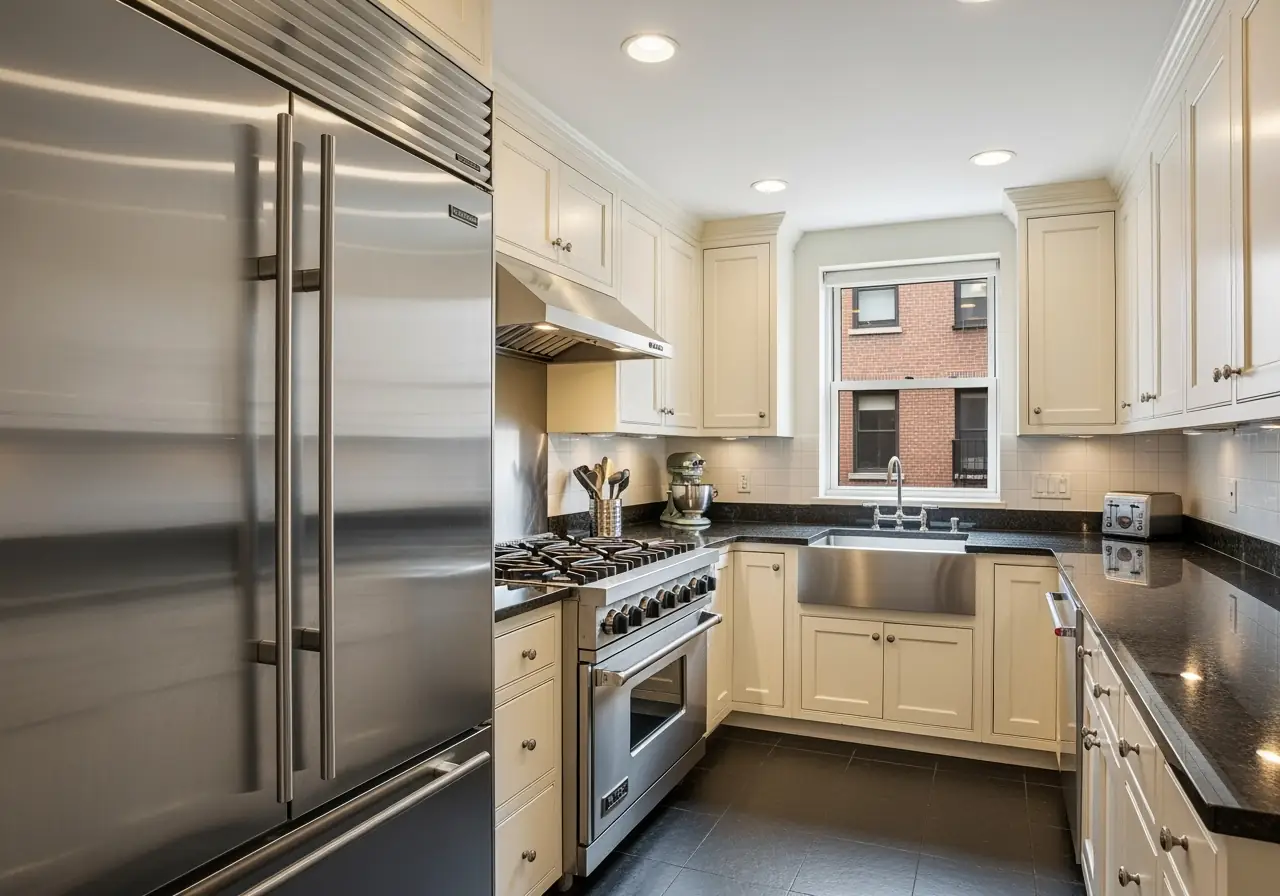 An ultra-realistic photo of a Manhattan galley kitchen with an optimized work triangle for cooking efficiency.