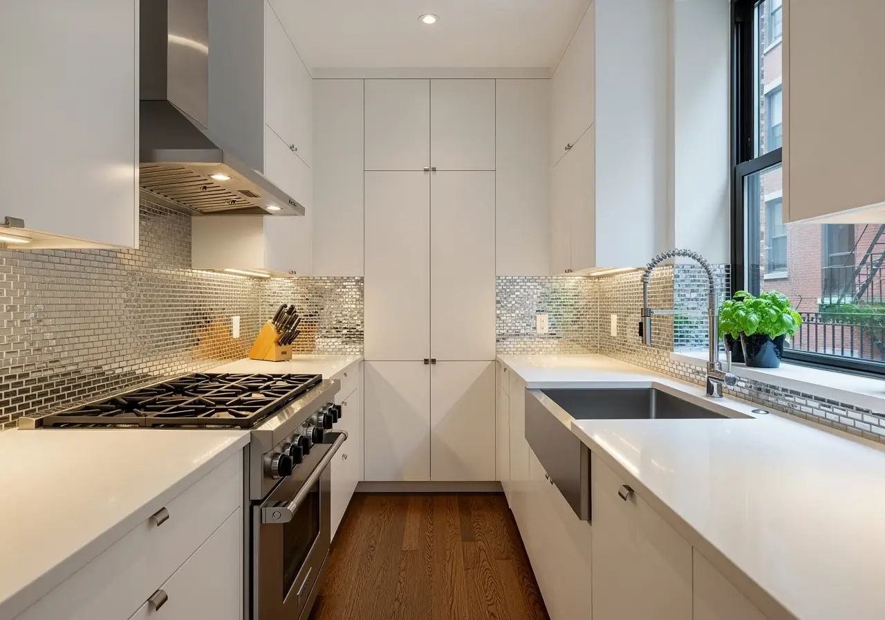 An ultra-realistic photo of quartz countertops with a glass mosaic backsplash in a Manhattan galley kitchen.