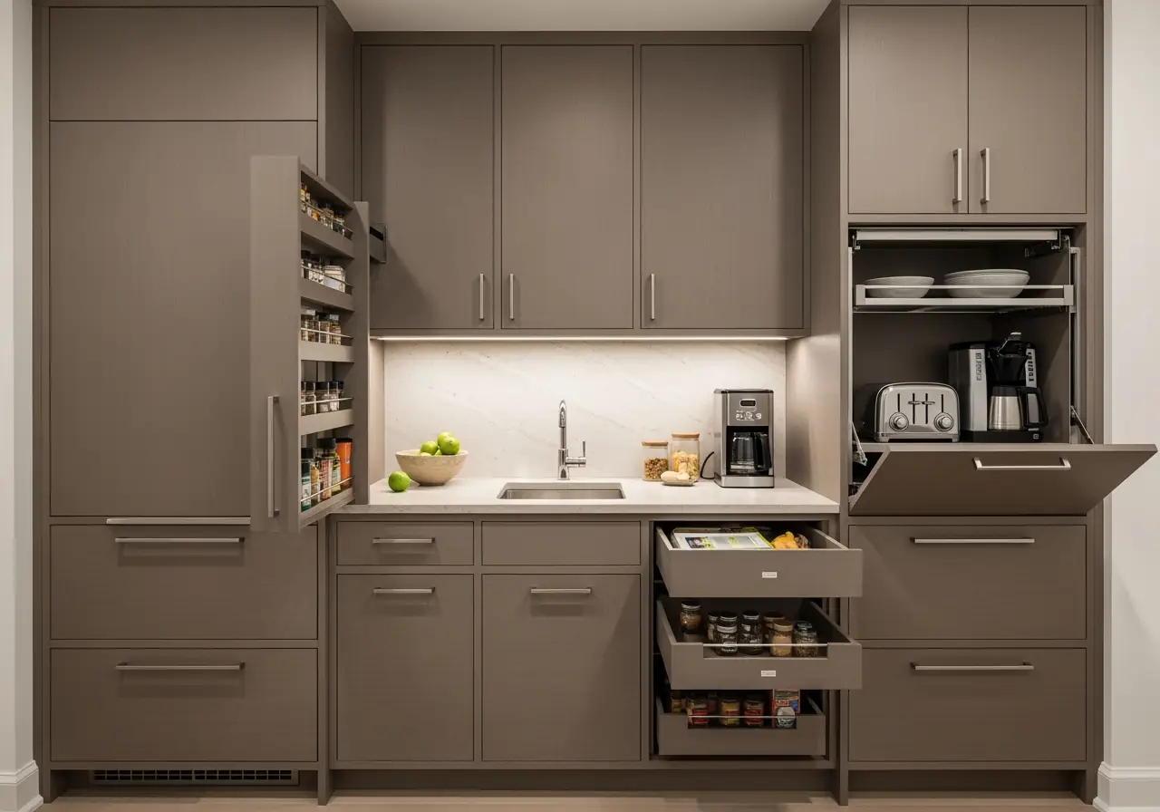 An ultra-realistic photo of Manhattan galley kitchen custom cabinetry with pull-out racks and built-in storage.