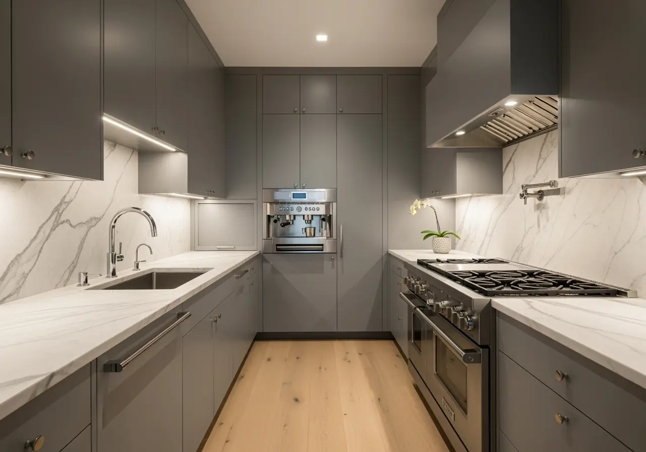 An ultra-realistic photo of a Manhattan galley kitchen with high-end appliances integrated into cabinetry.