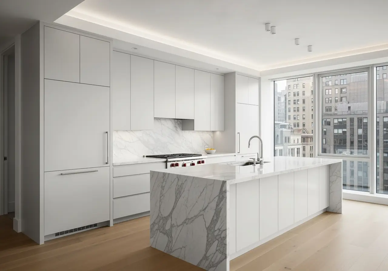 Luxury Manhattan kitchen with seamless frameless European cabinets in matte white.