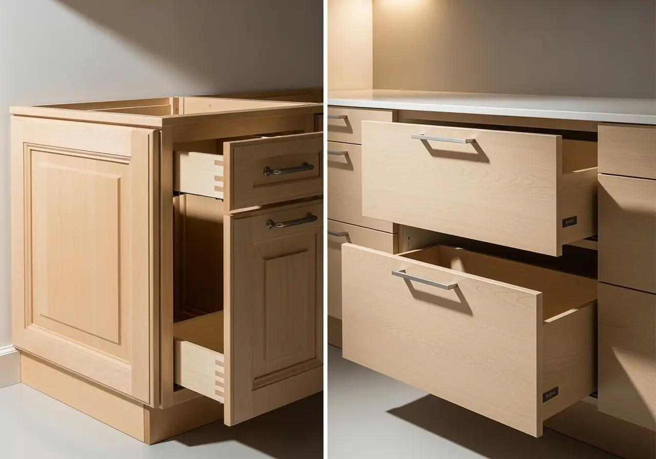 Comparison of traditional framed cabinet vs sleek frameless European cabinet.