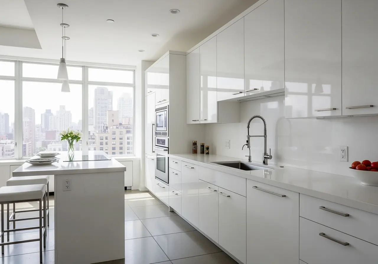 Bright condo kitchen in Manhattan with glossy white frameless cabinets.