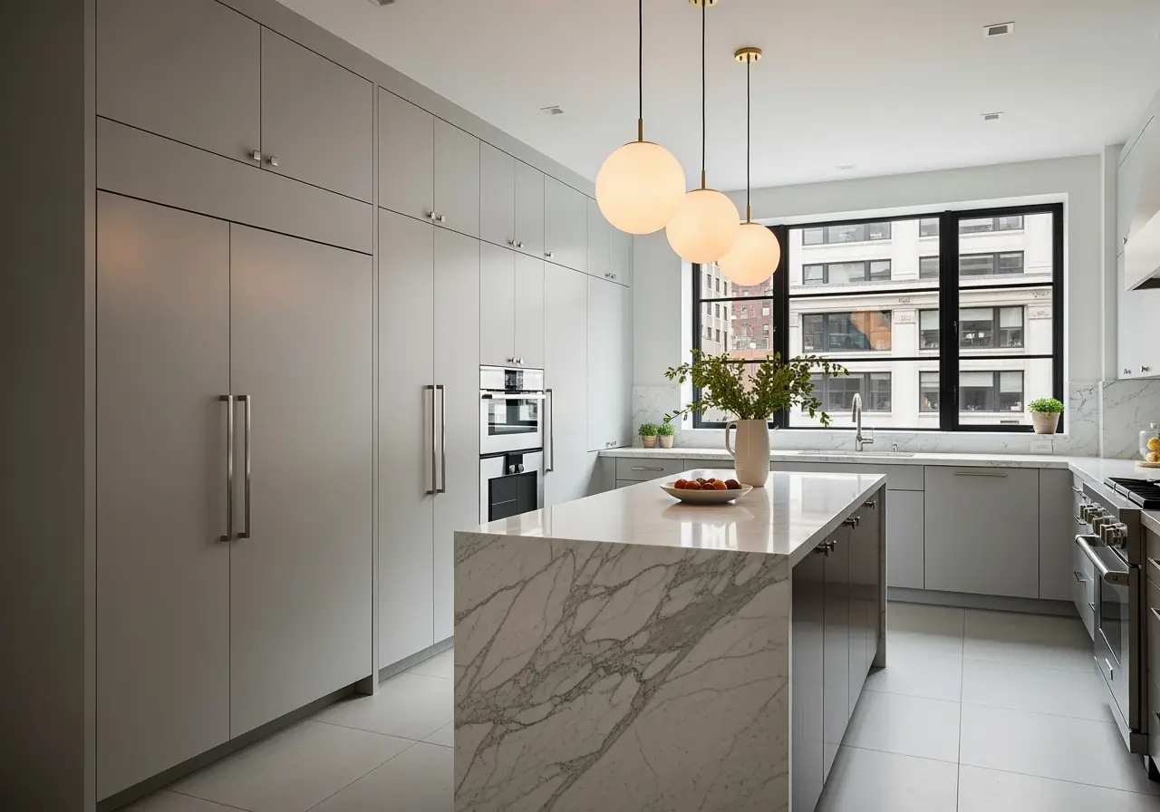 Manhattan townhouse kitchen with matte gray frameless European cabinets.