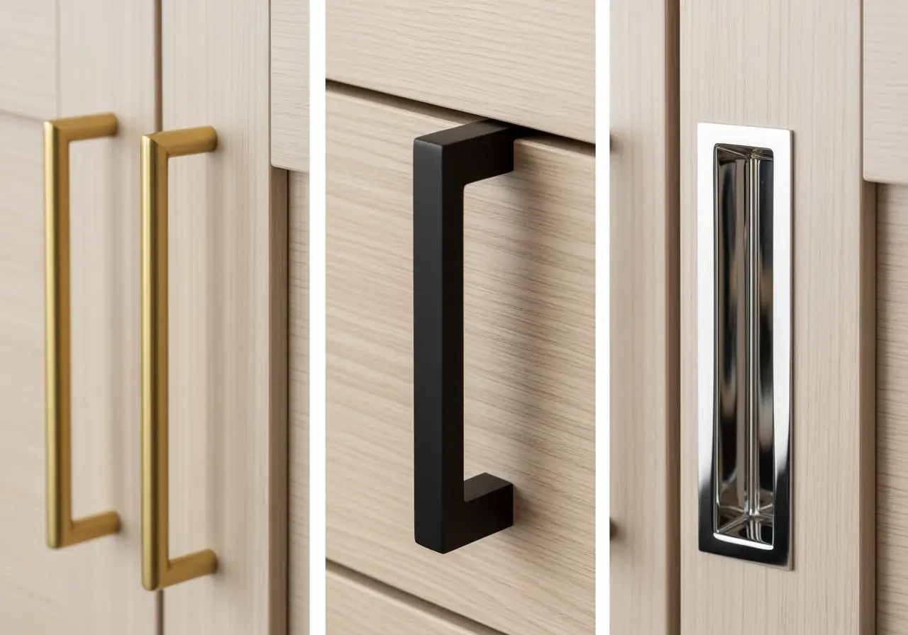 Close-up of brass, black, and chrome hardware on frameless cabinets.