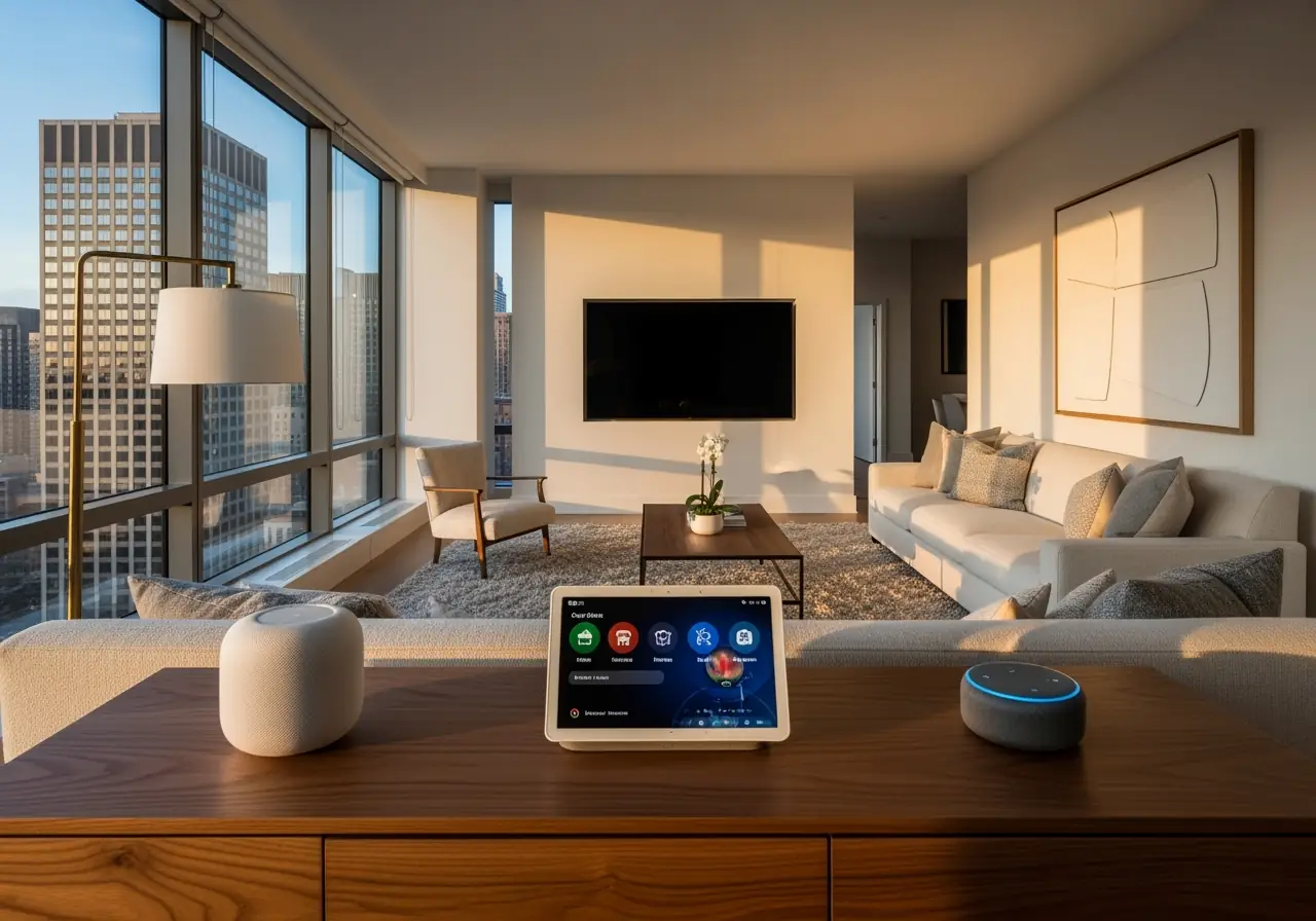 Luxury Manhattan condo with Apple HomePod, Google Nest Hub, and Amazon Echo Dot side by side.