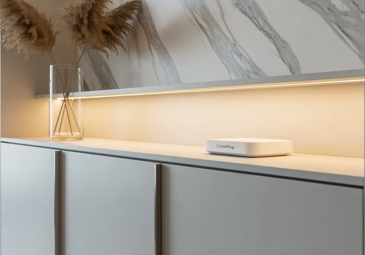 Samsung SmartThings hub installed on a white shelf in a luxury Manhattan apartment.