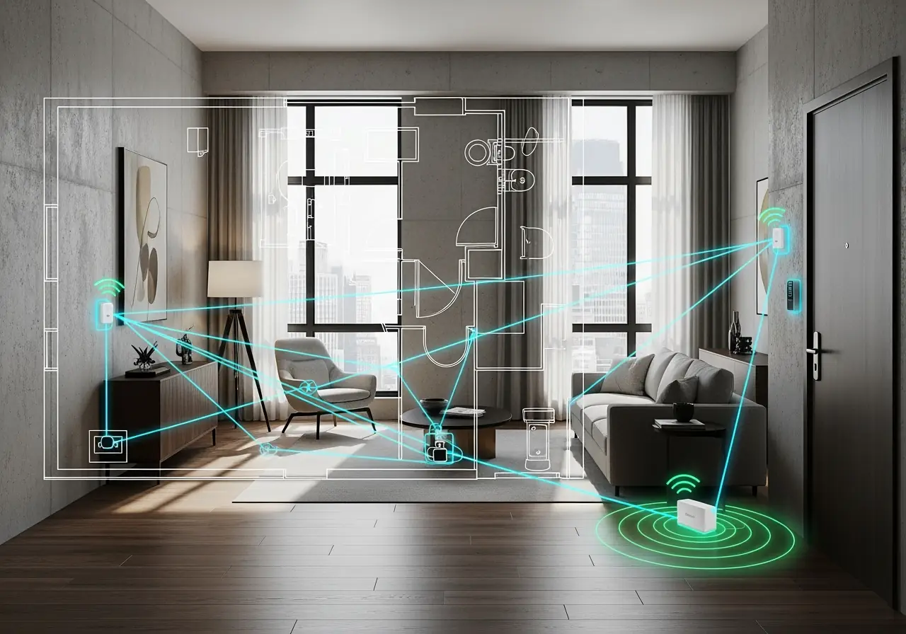 Thread mesh network lines connecting Matter devices across a Manhattan condo.