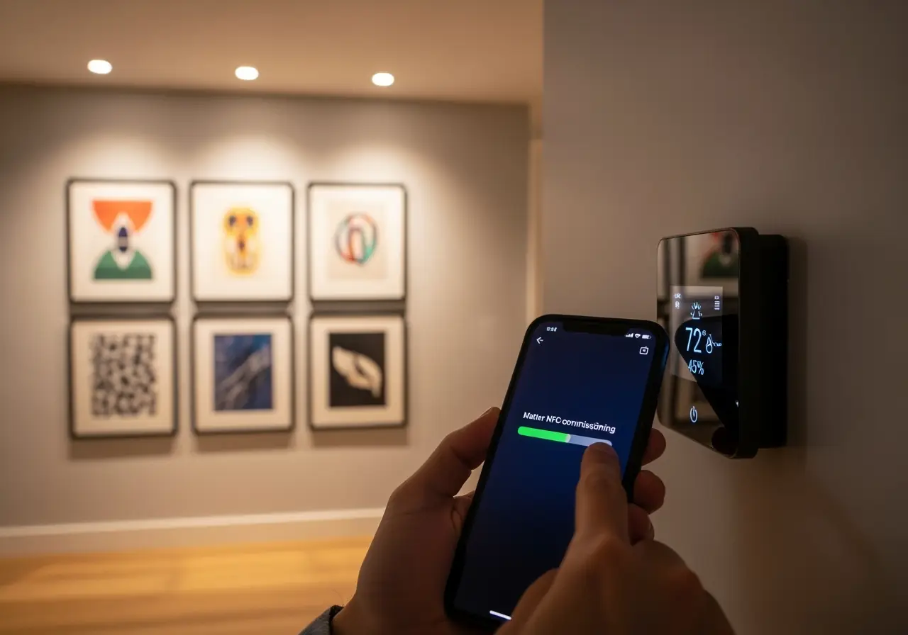 Smartphone tapping against smart thermostat with Matter NFC setup in Manhattan condo.