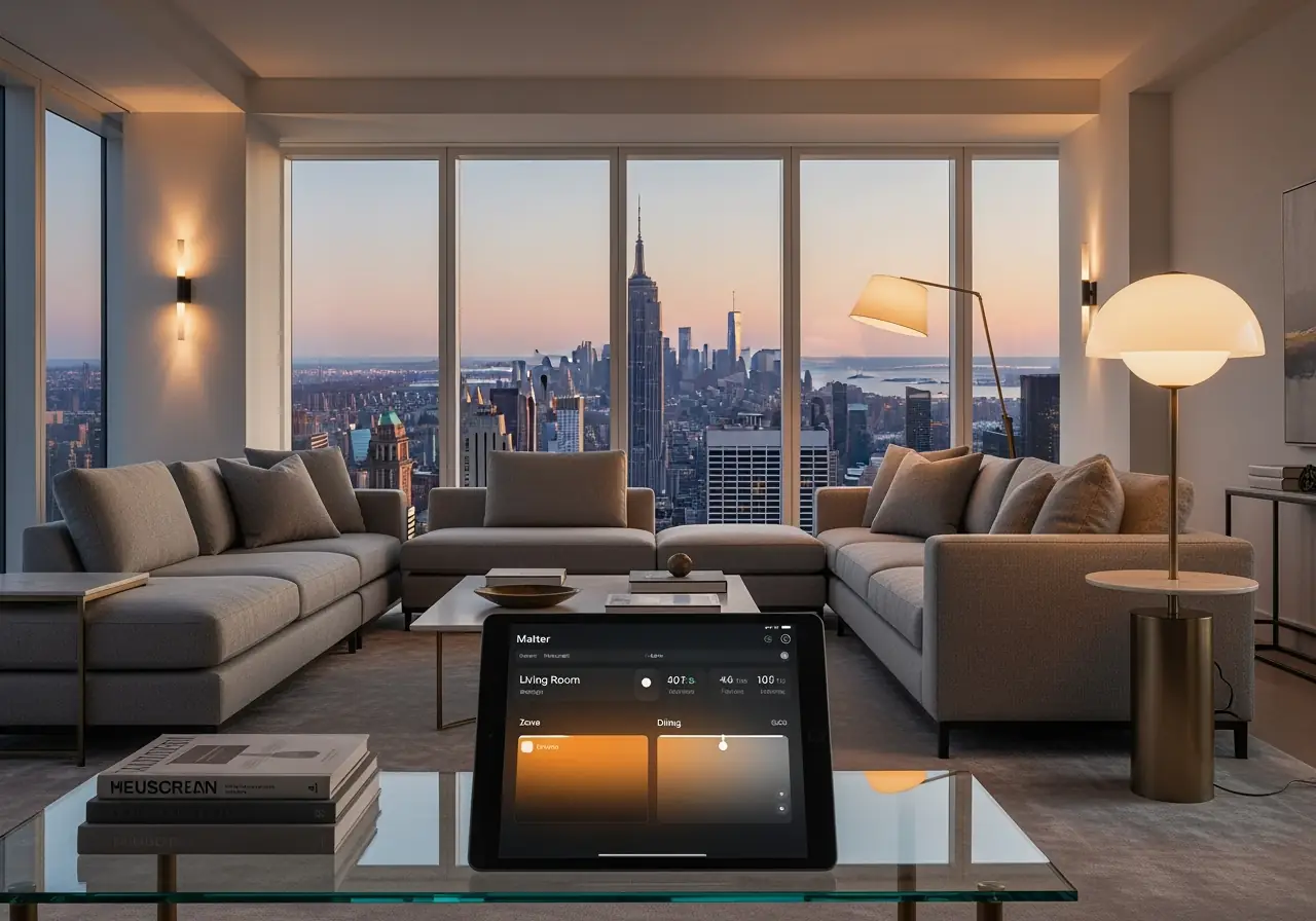 Manhattan condo living room with Matter-controlled smart lighting.