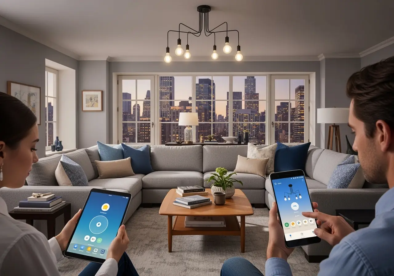 Apple and Google apps controlling Matter devices simultaneously in Manhattan condo.