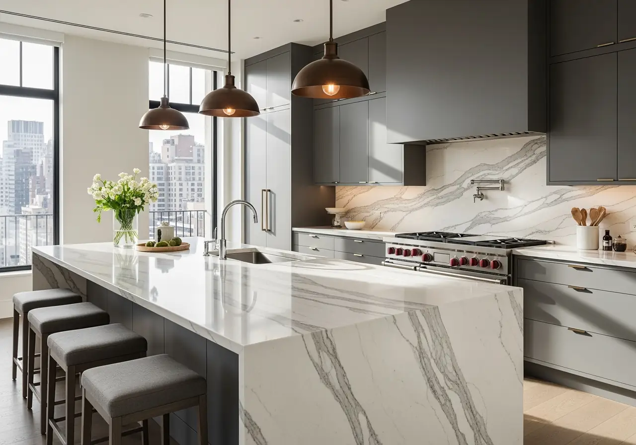 An ultra-realistic photo of a polished quartzite kitchen island with soft gray veining in a luxury Manhattan kitchen.