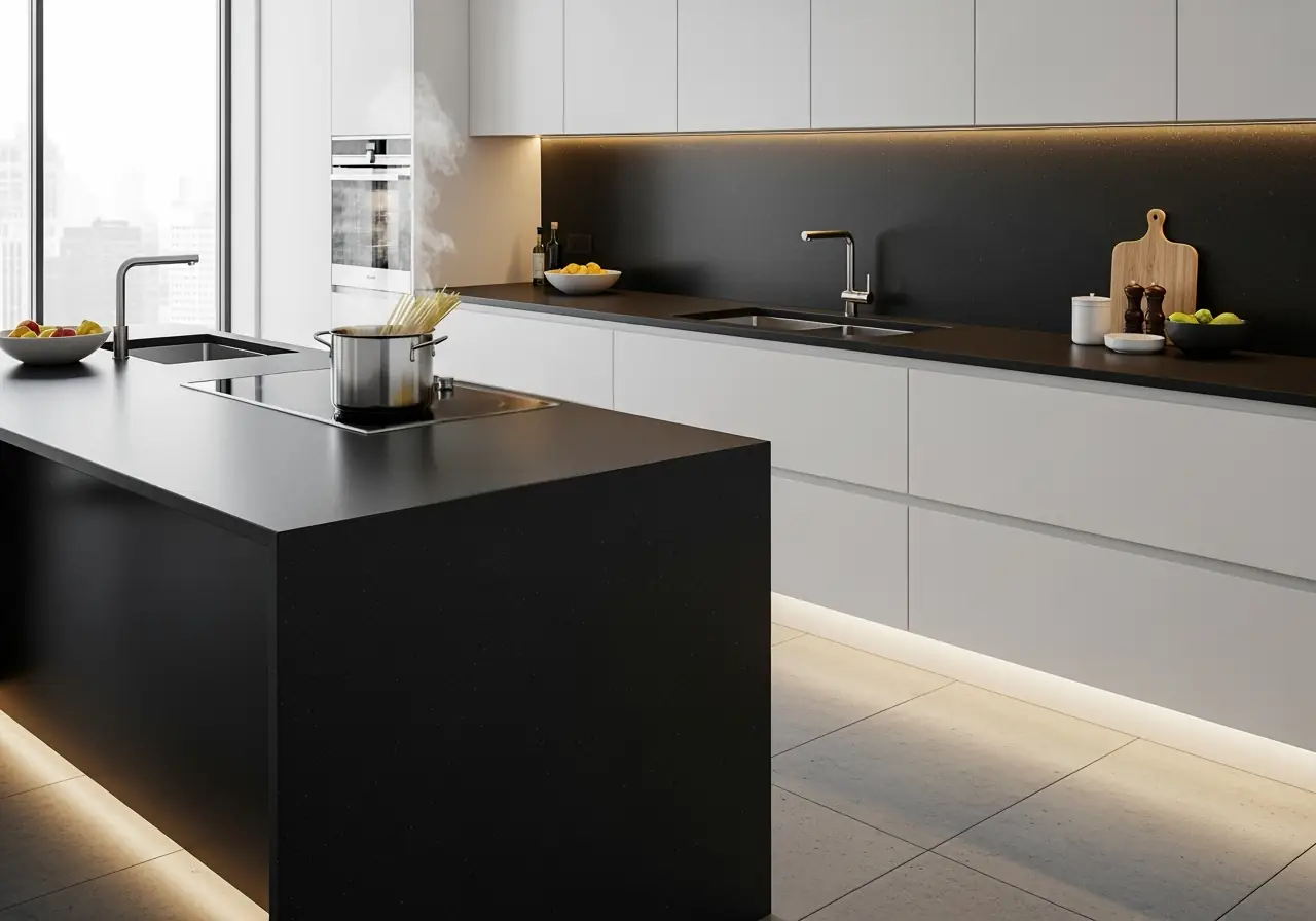 An ultra-realistic photo of matte black sintered stone countertops with integrated backsplash in a modern Manhattan condo kitchen.