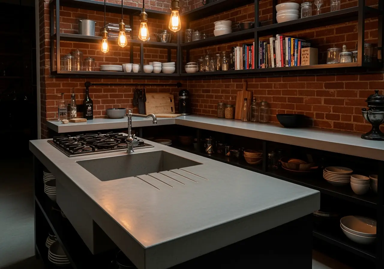 An ultra-realistic photo of matte gray concrete countertops with an integrated sink in a Manhattan loft-style kitchen.