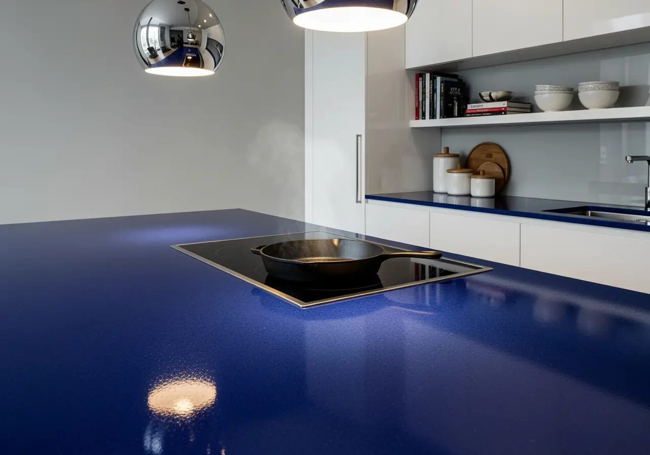 An ultra-realistic photo of a glossy cobalt blue lava stone countertop in a Manhattan designer kitchen.