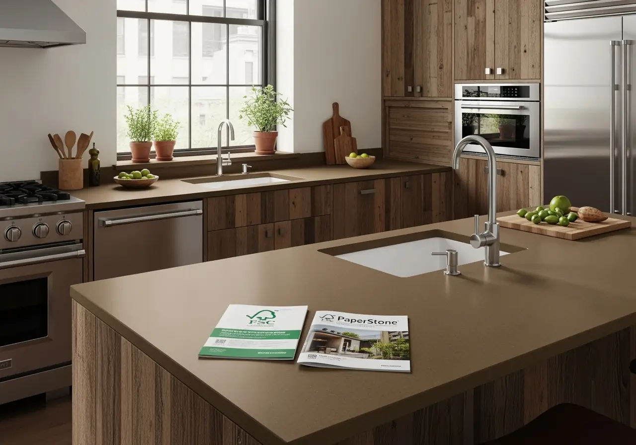 An ultra-realistic photo of matte brown PaperStone countertops paired with reclaimed wood cabinetry in a Manhattan eco-luxury kitchen.