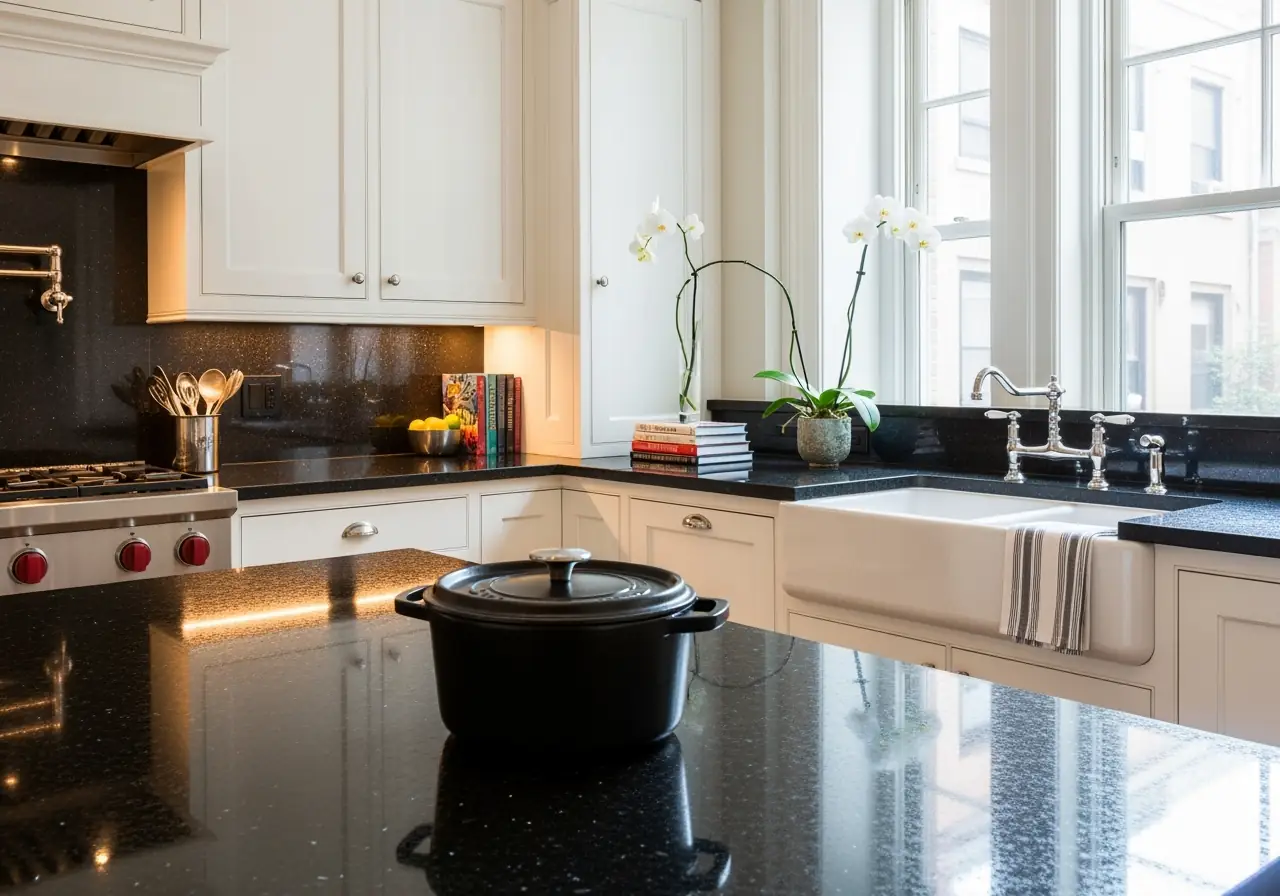 An ultra-realistic photo of polished black granite countertops with silver flecks in a Manhattan townhouse kitchen.