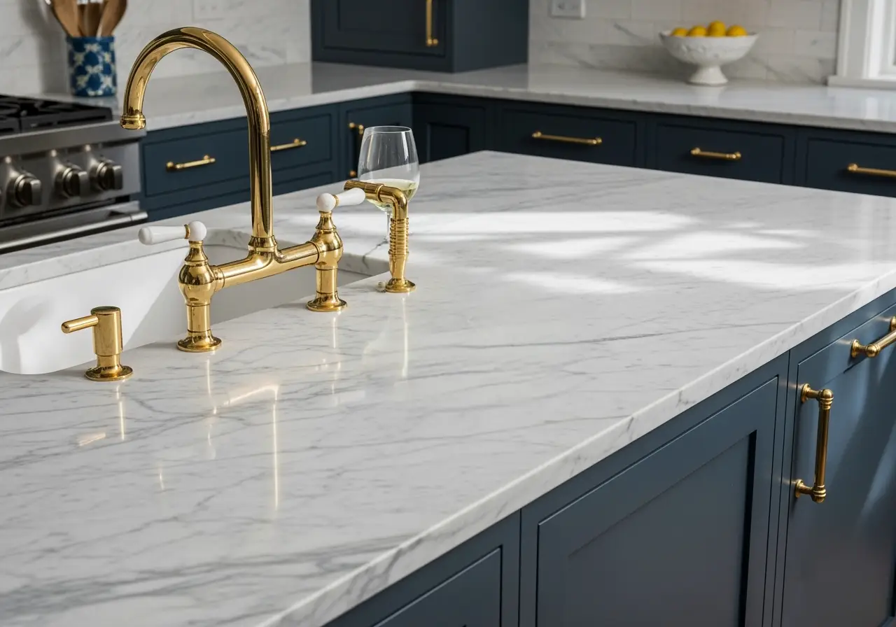 An ultra-realistic photo of white marble countertops with soft gray veining and subtle etching in a Manhattan luxury kitchen.