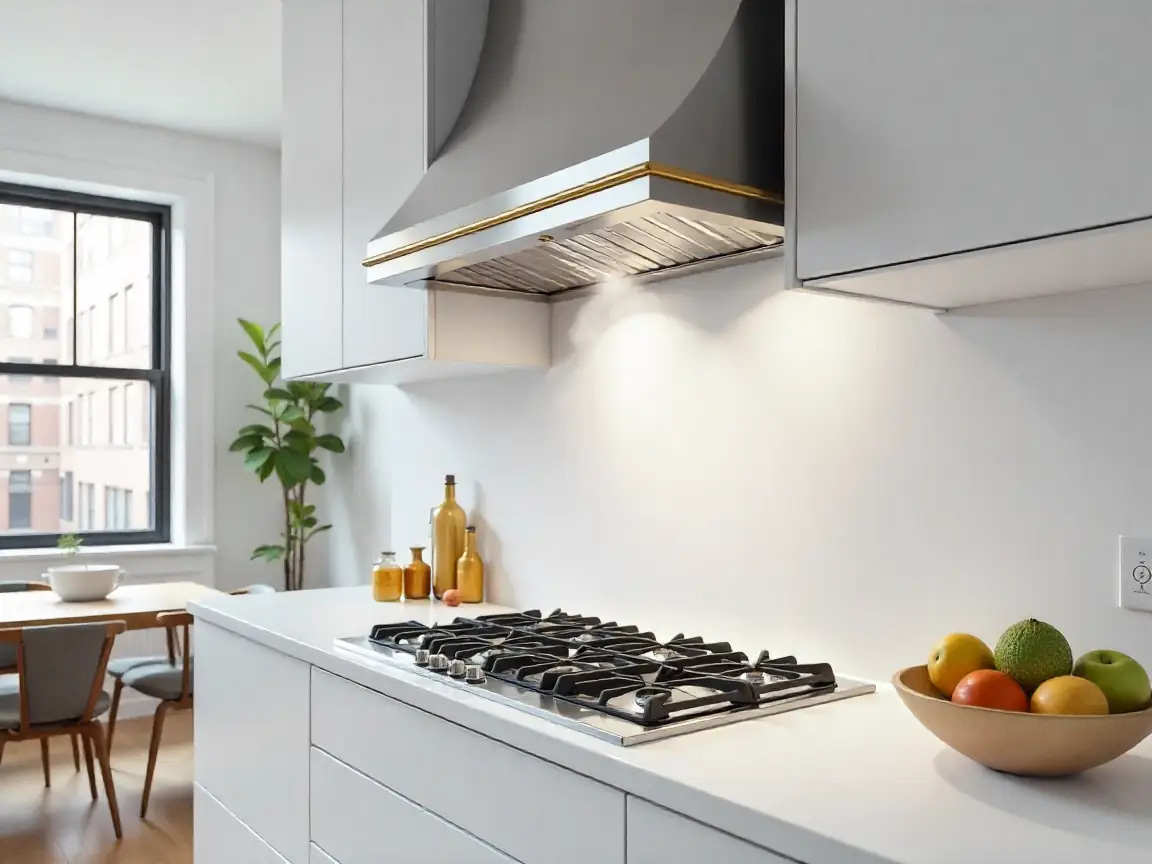 Custom stainless steel range hood in a compact Manhattan kitchen with brass trim and modern cabinetry.