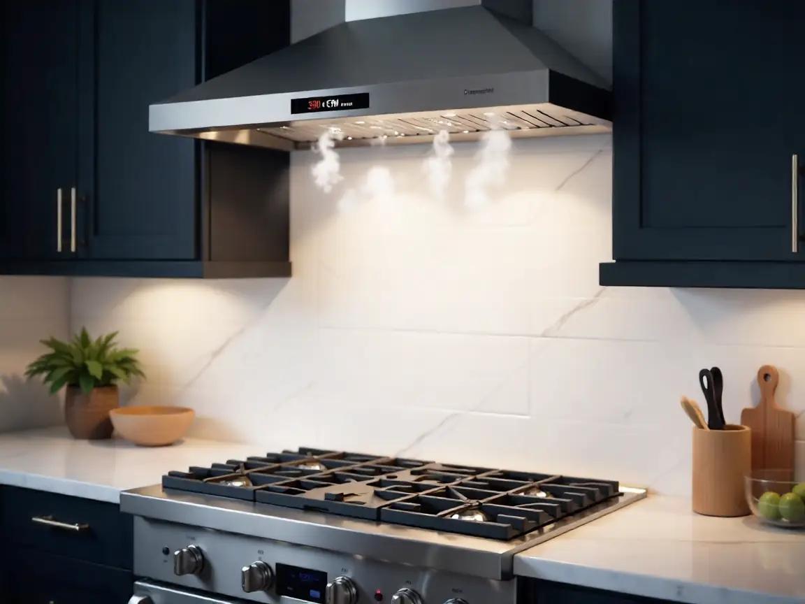 Professional custom range hood with LED airflow settings in a Manhattan luxury kitchen.