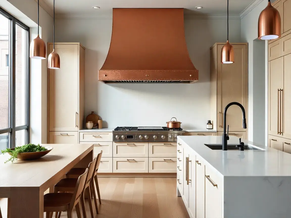 Hammered copper custom range hood with brass detailing in a Manhattan high-end kitchen.