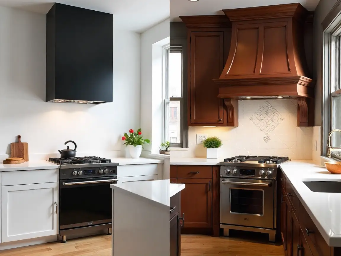 Split image of matte black hood in modern apartment and walnut hood in Manhattan brownstone.