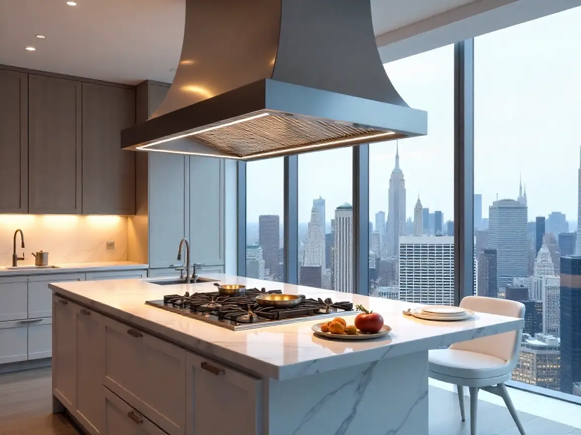 48-inch stainless steel island range hood with LED lighting in luxury Manhattan kitchen.