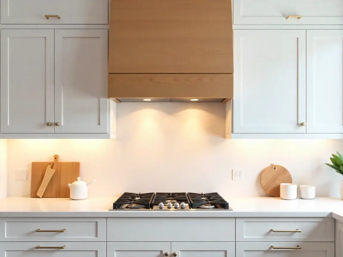 Integrated wood range hood blending with cabinetry in a luxury Manhattan kitchen.