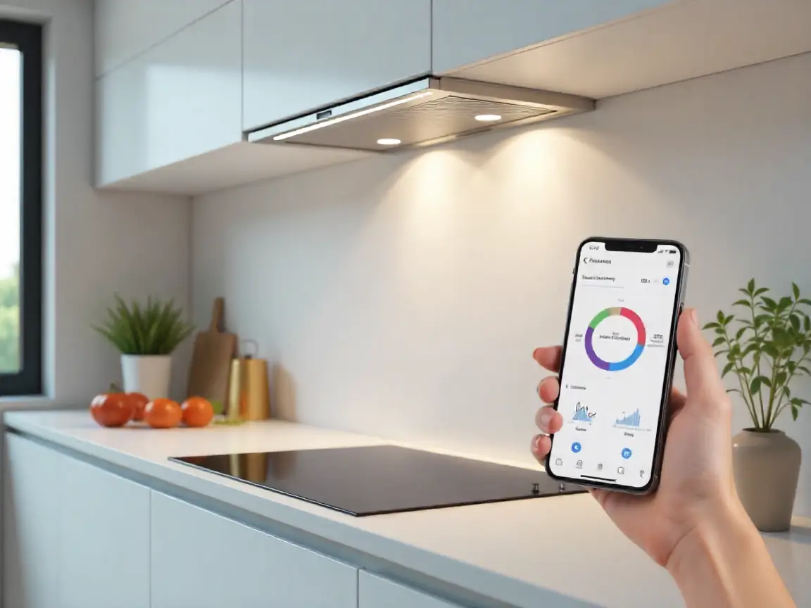 Smart custom range hood connected to smartphone app in luxury Manhattan apartment.