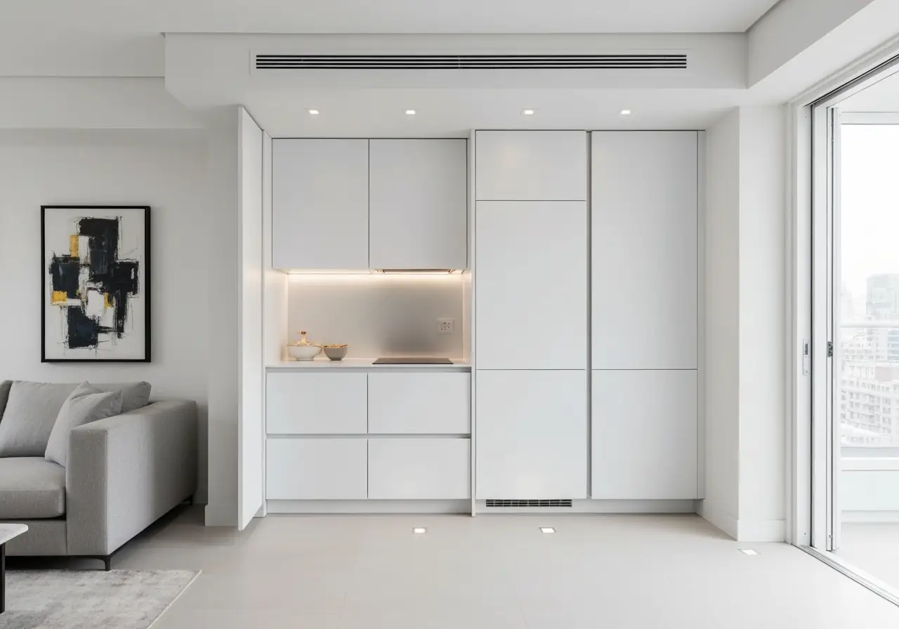 Hidden kitchen design in Manhattan apartment with seamless cabinetry and open-plan living.