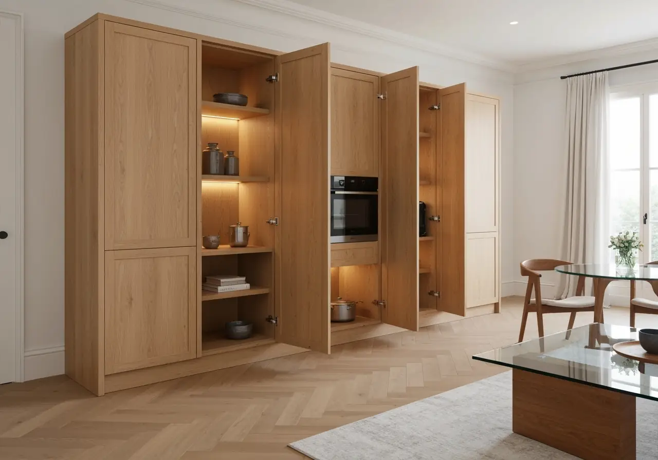 Invisible kitchen design with wood-paneled cabinetry in Manhattan luxury loft.
