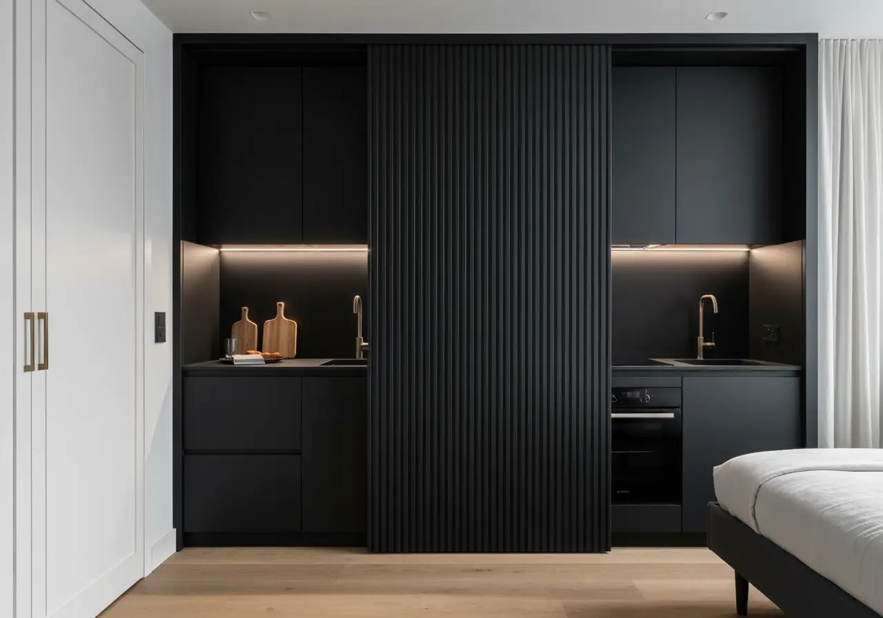 Compact Manhattan studio with hidden kitchen sliding panels for space-saving design.
