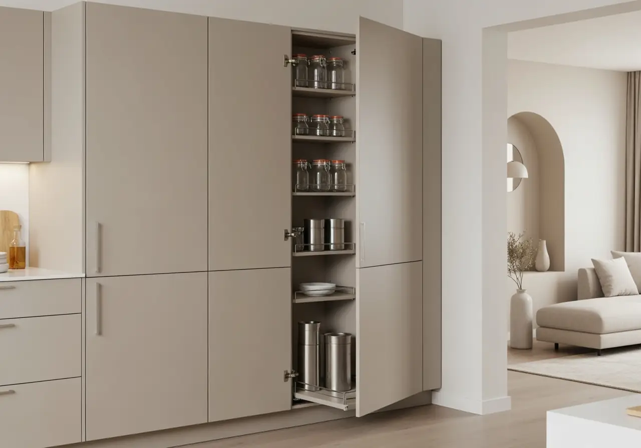 Manhattan hidden kitchen with push-to-open handleless cabinetry and pantry storage.