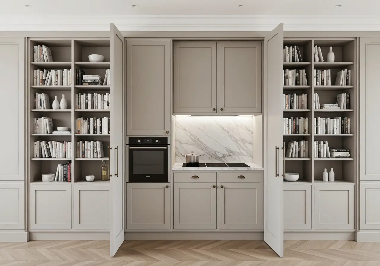 Hidden kitchen Manhattan with pocket doors sliding into wall for seamless integration.
