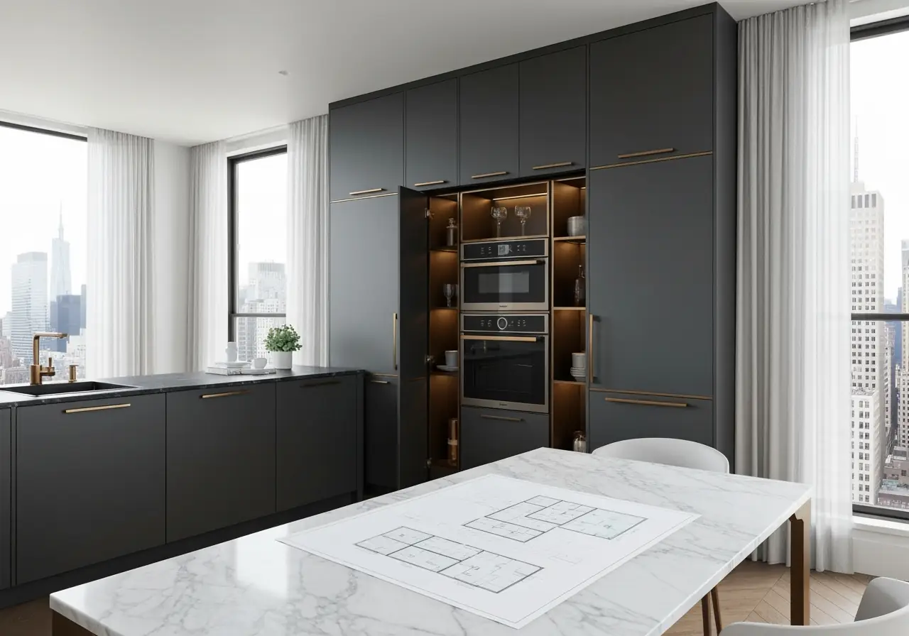 Manhattan co-op hidden kitchen with custom cabinetry and designer layout planning.