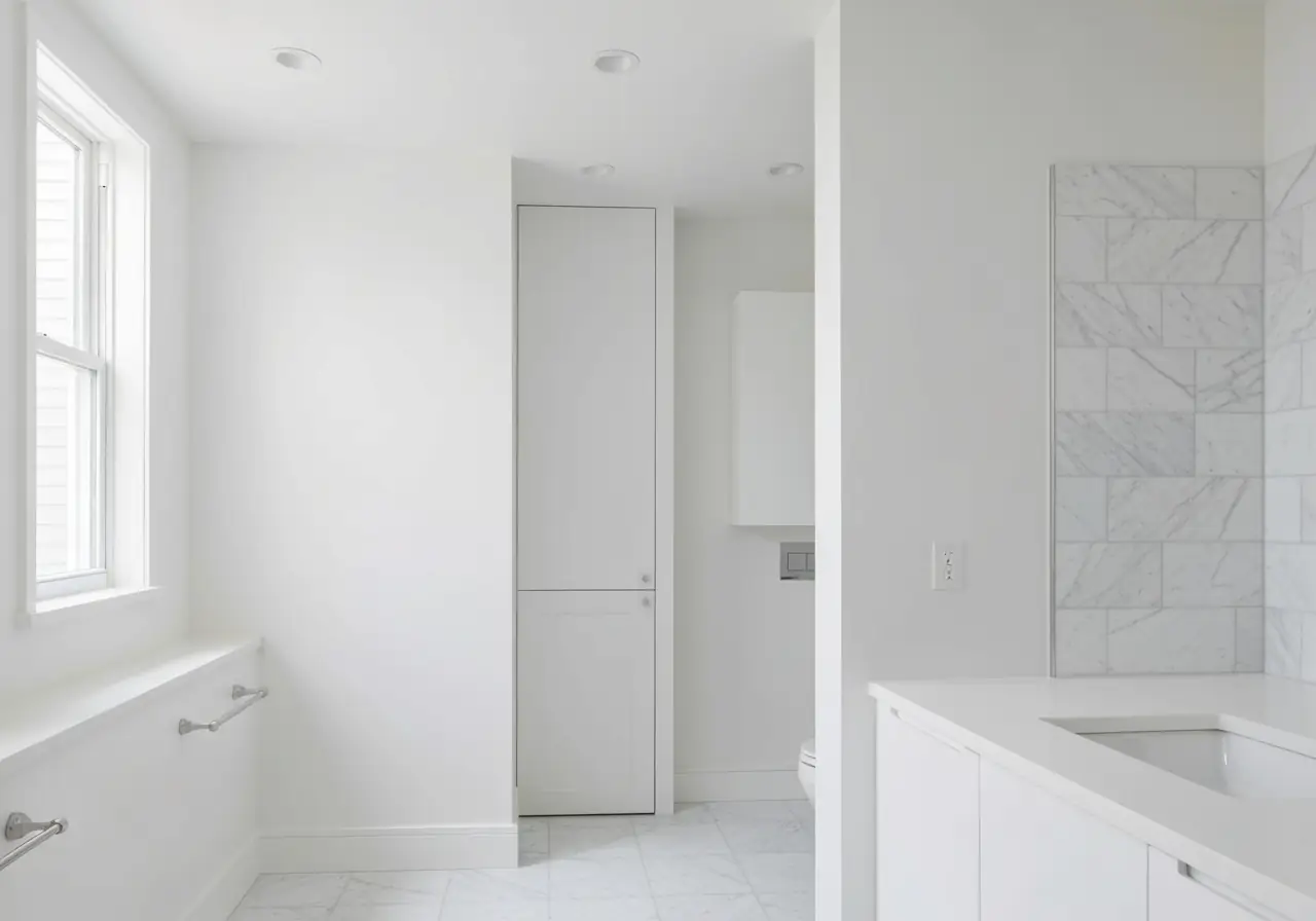 Luxury Manhattan bathroom with marble floors and hidden waterproofing system.