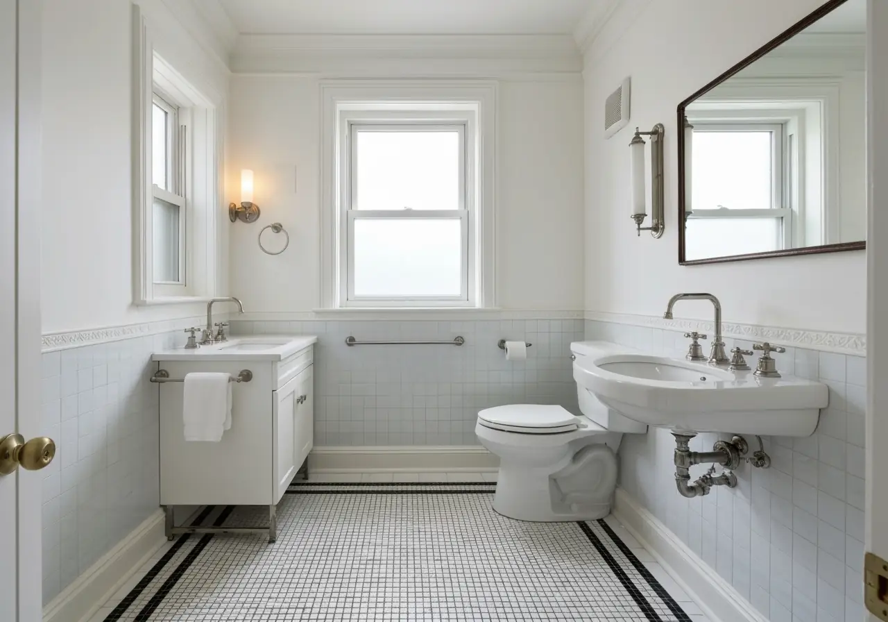 Renovated pre-war Manhattan bathroom with mosaic floors and waterproof walls.