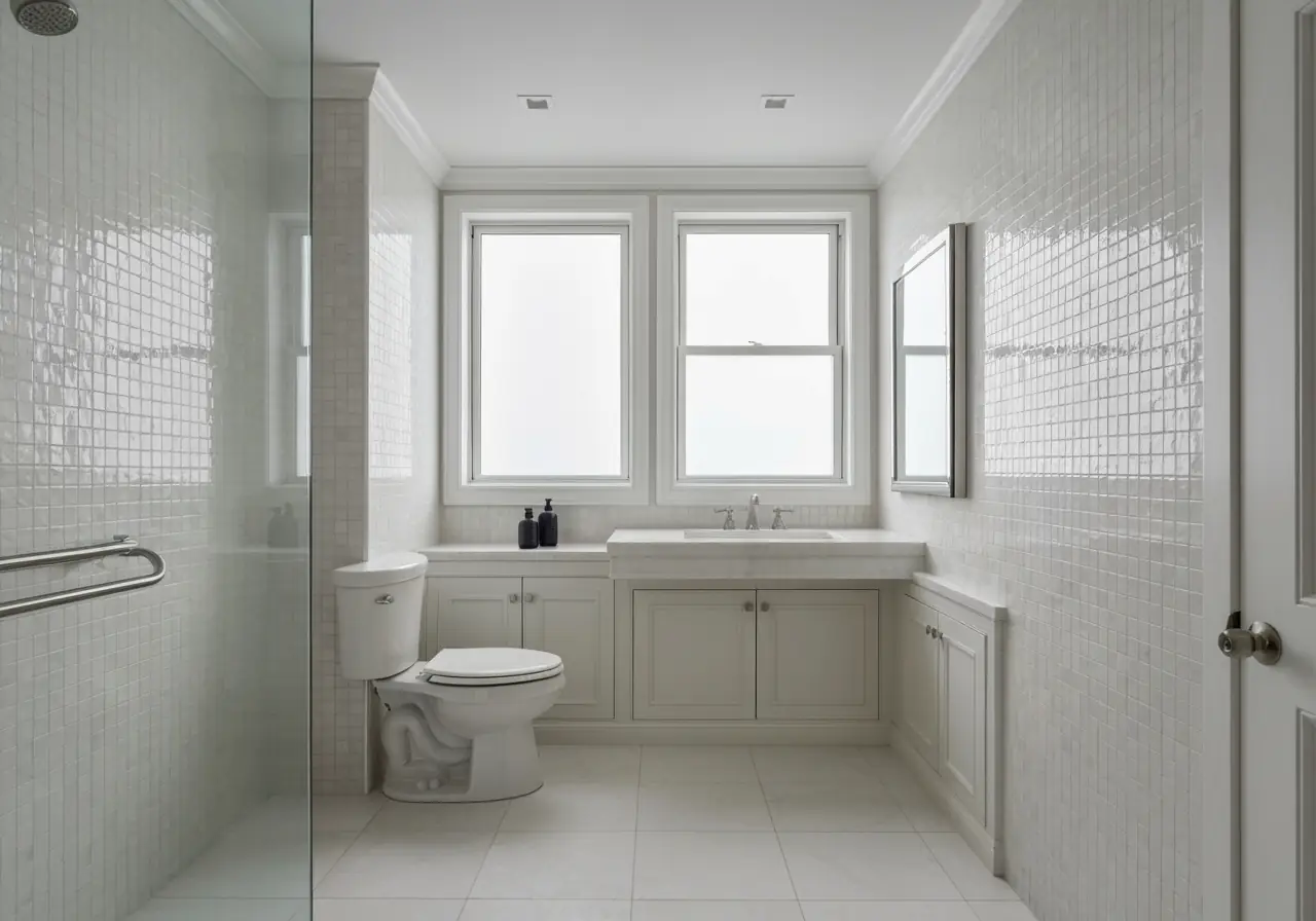 Manhattan condo bathroom with porcelain tile walls and floors.